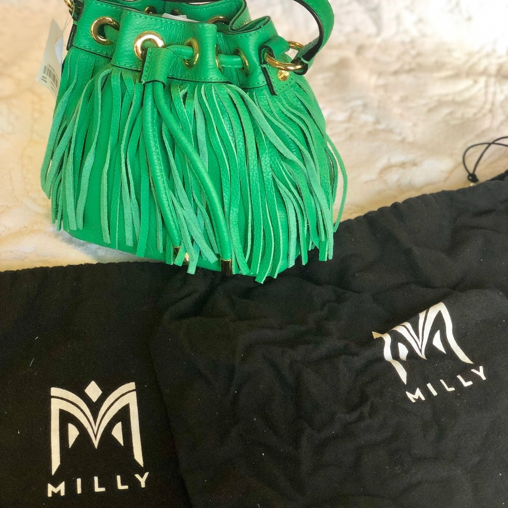 Milly Green Fringe Bucket Crossbody Tote Bag
